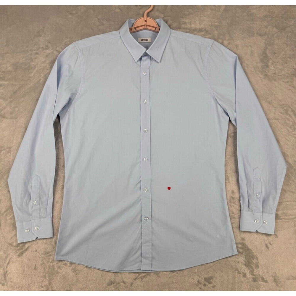 Moschino Shirt Mens 16.5 42 Blue Love Heart‎ Logo Long Sleeve Button Down Cotton